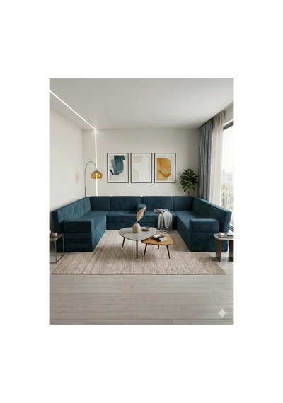 Premium Kadife Kumaş, Konforlu Yer Kanepesi ,modüler Şark Köşesi Takımı - Mavi- 40 Cm - U Set