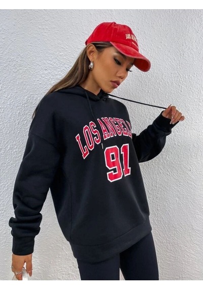 Altamira Unisex Los Angeles 91 Baskılı Oversize Kapşonlu Sweatshirt 001
