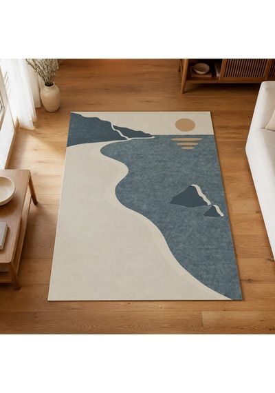 Kartela Halı Kıyı Deniz Manzaralı Modern Halı Mavi Kaymaz Taban Makinede Yıkanabilir 80x120 Cm