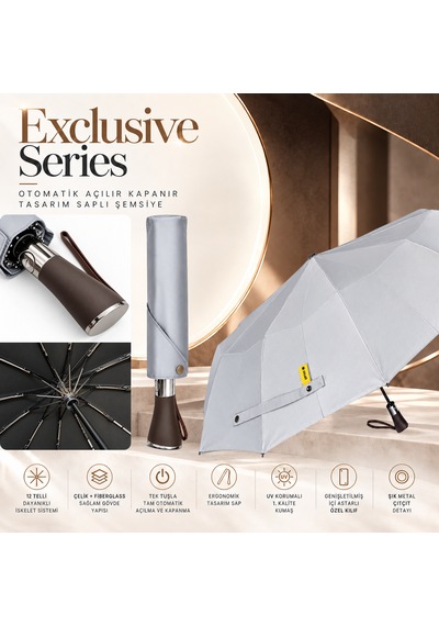 Aventus Exclusive Series - Otomatik Açılır Kapanır Tasarım Saplı Şemsiye Gri