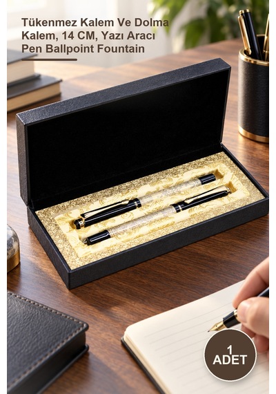 1 Adet Kutulu İkili Kalem Seti Tükenmez Kalem Ve Dolma Kalem, 14 Cm, Yazı Aracı Pen Ballpoint Fountain -