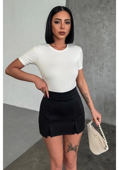 Rahat Şık Kısa Kollu Bisiklet Yaka Likralı Viskon Penye Body Ekru