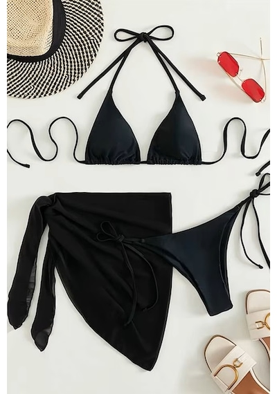 Angelsin Pareolu Bağlamalı 3'lü Bikini Takım Set Çıkartılabilir Kaplı Siyah