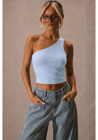 Cool Tarz Kadın Tek Omuz Crop Atlet Esnek Slim Fit Süprem Kumaş Asimetrik Yaka Bluz Mavi Mavi
