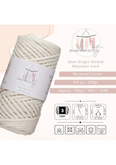Ayrex Tek Telli Makrome İpi 3 Mm X 100 Metre 328 Fit 3mm Tek Telli Doğal Pamuk İp, Makrome Sanat Ve El Sanatları İ
