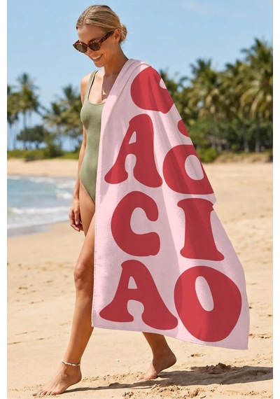 Pembe Yazı Tipografik Plaj Havlusu - Modern Kırmızı Retro Stil Hızlı Kuruyan Mikrofiber Havlu Berrak Gölgesi