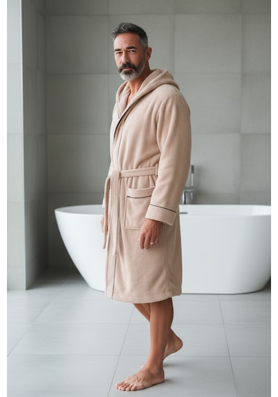 % 100 Pamuklu Laodikeia Kapşonlu Unisex Kadın Erkek Bornoz Bej