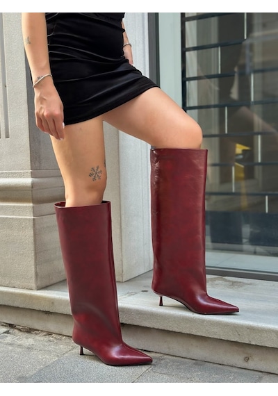 Erva'nın Butiği Bordo Cilt Veray Xl Oversize Kalın Baldır 5 Cm Mini Topuk Çizme-6401