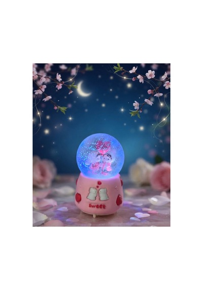 Sweet Love Koyu Pembe Kalpli Tavşanlı Işıklı & Müzikli Kar Küresi