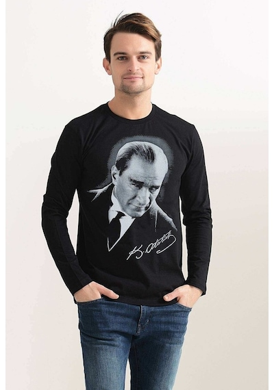 Tshirthane Atatürk Portre Sweatshirt Uzunkollu Siyah