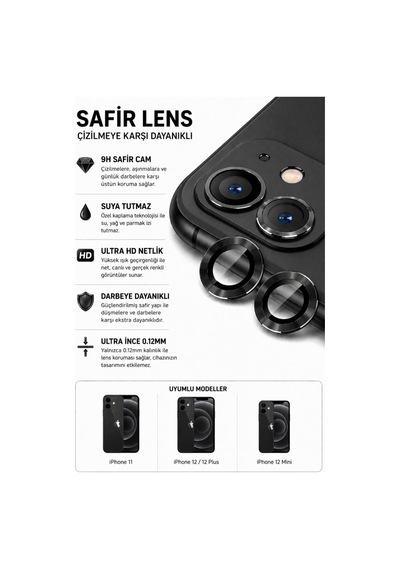 Apple iPhone Uyumlu  11 / 12 / 12 Mini Siyah Metal Kamera Lens Koruyucu Safir Cam Ultra Net Hd