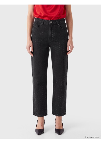 Lcw Jeans Siyah Straight Fit Taşlı Kadın Jean Pantolon