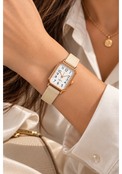 Kadın Kol Saati Rose Gold Kasa, Deri Kordon Krem