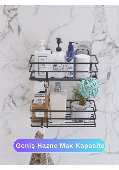 Suntel Yapışkanlı Ve Kancalı Vidasız Banyo Rafı Düzenleyici 2 Adet Siyah