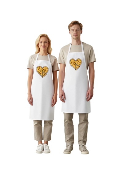 Erkek Unisex Mutfak Aşçı Önlüğü Pizza Kalp Baskılı Rahat Kesim Gü Beyaz