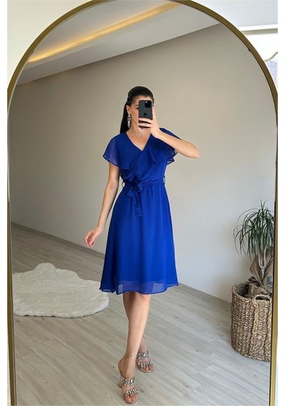 Neşeli Butik Kadın V Yaka Kuşaklı Mini Şifon Elbise Nm007 Saks