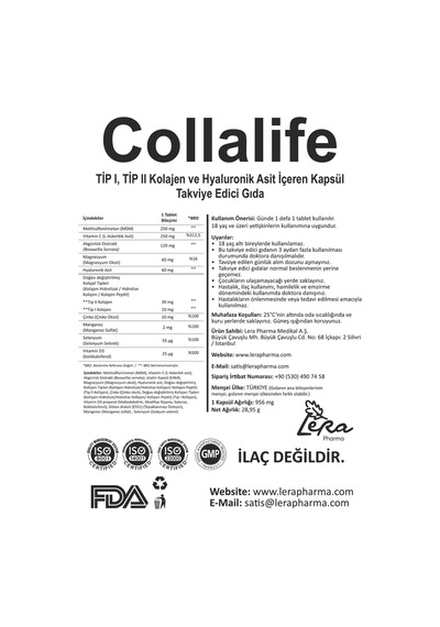 Lera Pharma Collalife Tip I - II Collagen Takviye Edici Gıda 30 Kapsül
