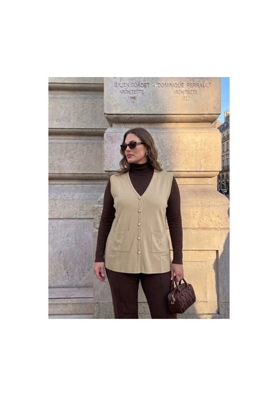 Onno Style Women Cebi Kelebek Taşlı Çelik Örgü Klasik Triko Yelek Krem