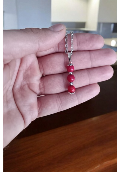 Mercan Kolye Mercan Taşı Kolye Doğal Taş Kolye Zincirli Kadın Kolye Hediyelik Kolye 6mm Kırmızı Kırmızı