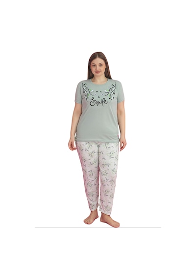 Farya Home X-dreamy Büyük Beden Pamuklu Çiçekli Kısa Kollu Pijama Takımı Yeşil