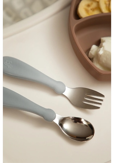 Babyjem Paslanmaz Çelik Bebek Çatal Kaşık Seti - Gri
