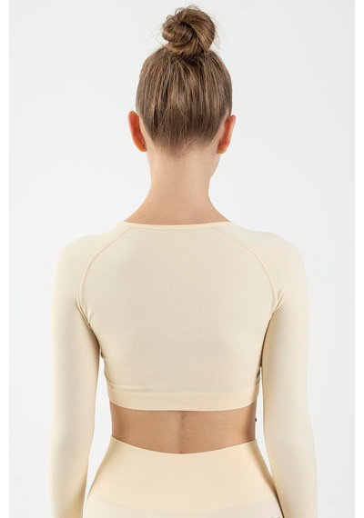 Maraton Active Slimfit Kadın Bisiklet Yaka Uzun Kol Training Ekru Crop Top 816005 Ekru