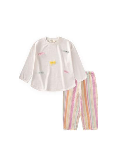 Cigit Oversize T-shirt Pantolon Takım 2-10 Yaş Ekru Turuncu Çizgili