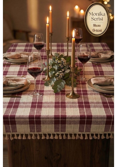 Monika Serisi Vintage Bohem Püsküllü Masa Örtüsü - Otantik %100 Doğal Bordo Buldan Sofra Örtüsü