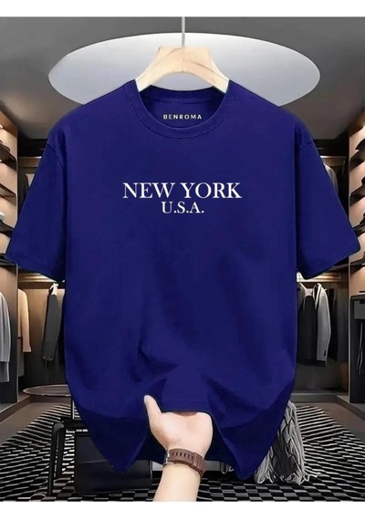 New York Usa Baskılı Oversize Tişört Lacivert