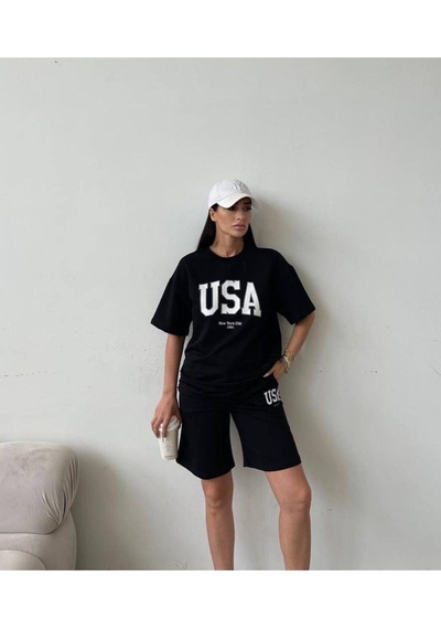 Usa T-shirt Şort - Alt Üst Takım Şort Tişört Kombin Baskılı Bisiklet Yaka Siyah