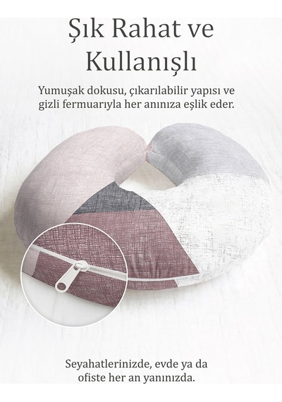 Modern Geometrik Pamuklu Boyun Yastığı - Pastel Gri Pembe Minimal Seyahat Yastığı Fildişi