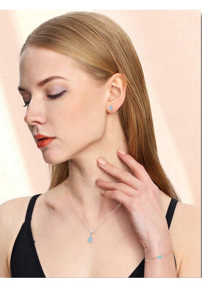 Brezza Lusso Jewelry Enesstore 925 Ayar Gümüş Aquamarin Taşlı Baget Kolye Küpe Bileklik Set