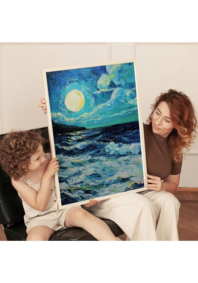Yağlı Boya Poster, Van Gogh Tarzı, Gece Denizi, Canlı Renkler, Dijital İndirme