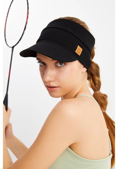 Butikgiz Kadın Uv Korumalı Katlanabilir Üstü Açık Yumuşak Siperli %100 Pamuklu Penye Tenis Vizör Şapka Siyah
