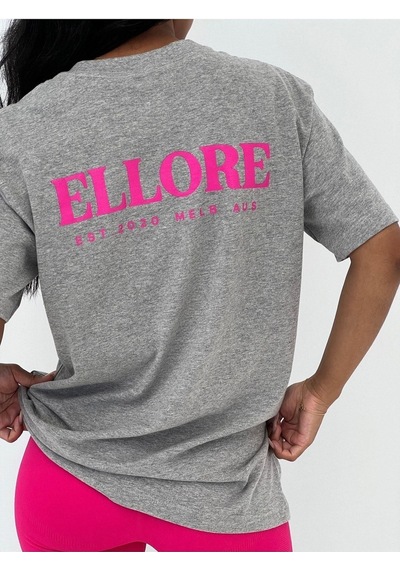 Ellore T-shirt - Gri Baskılı Oversize Bisiklet Yaka Kısa Kol Tişört Gri
