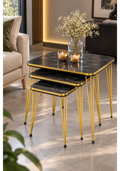 Sulorahome Siyah Ve Gold Metal Ayaklı 4'lü Sehpa Seti Altın - Siyah