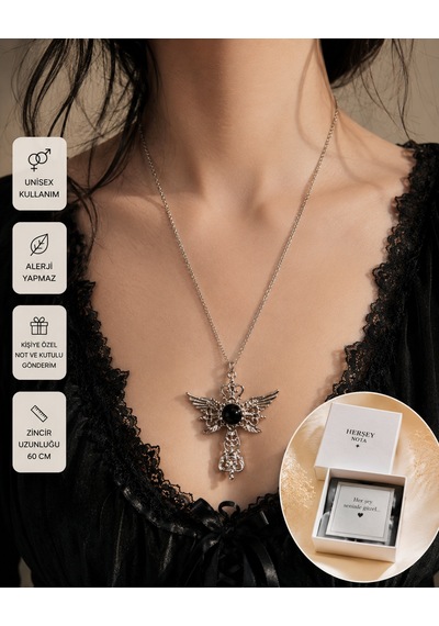 Gotik Kanatlı Haç Kolye Siyah Taş Detaylı Unisex Vintage Kolye 60 Cm Çok renkli