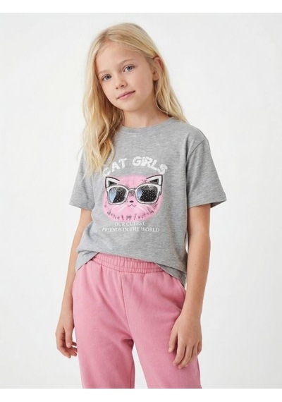 Zekids Kız Çocuk Cat Girls Baskılı T-shirt-17186 Gri