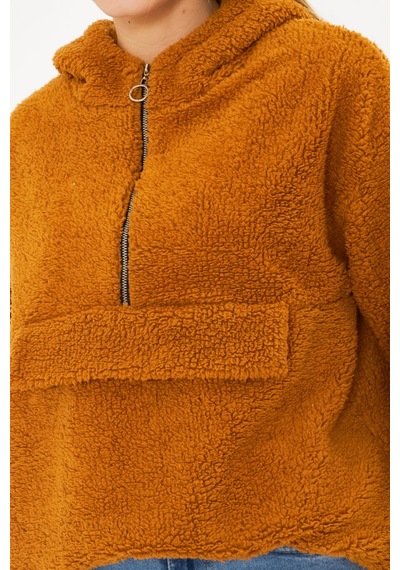 Armonika Kadın Camel Kapüşonlu Cep Kapaklı Peluş Sweatshirt Arm-25k001090