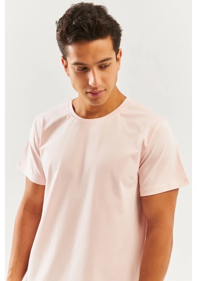 Erkek Oversize Rahat %100 Pamuklu Penye Bisiklet Yaka Kısa Kol Basic T-shirt Pudra