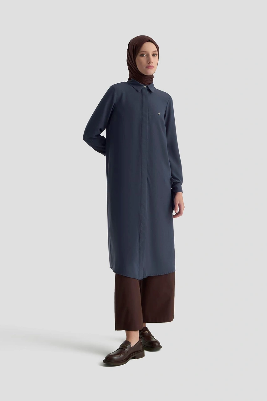 Armine Trend Gizli Düğmeli Kol Detaylı Gömlek Yakalı Tunik İndigo 25yt4158 Indigo