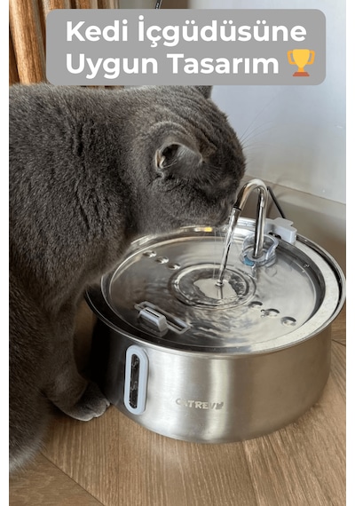 Catrevi 4 L Paslanmaz Çelik Su Pınarı Kedi Köpek Premium Su Çeşmesi Ultra Sessiz Su Sebili 4 Filtre Hediye