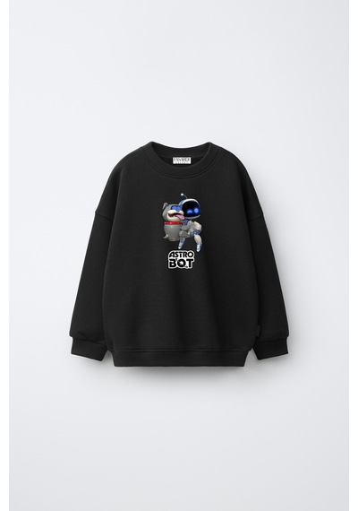 Fasardi Astro Bot Baskılı Oversize 3 İplik Şardonsuz Uzun Kollu Unisex Çocuk Sweatshirt Siyah