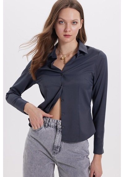 Tudors Kadın Slim Fit Dar Kesim Klasik Yaka Uzun Kollu Antrasit Gömlek-40358 Antrasit