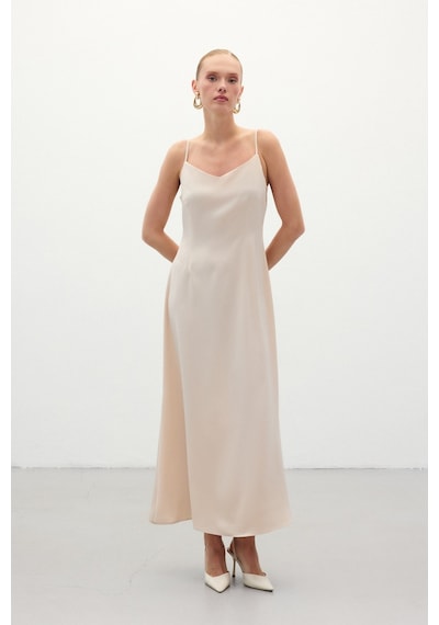 Sateen Askılı Uzun Saten Elbise - Bej-136325 Bej