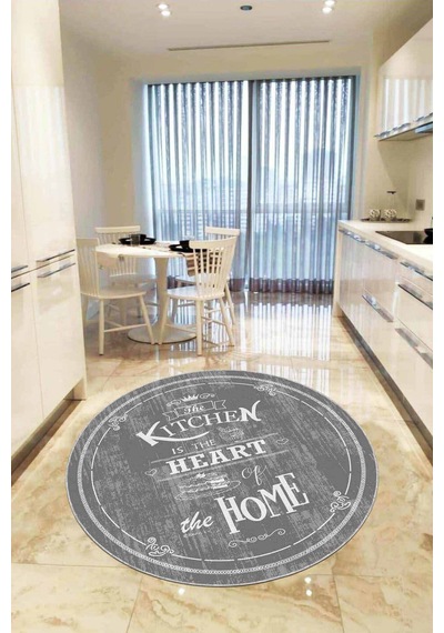 Gri Kaymaz Taban Kitchen Yazılı Yuvarlak Mutfak Halısı Ar436