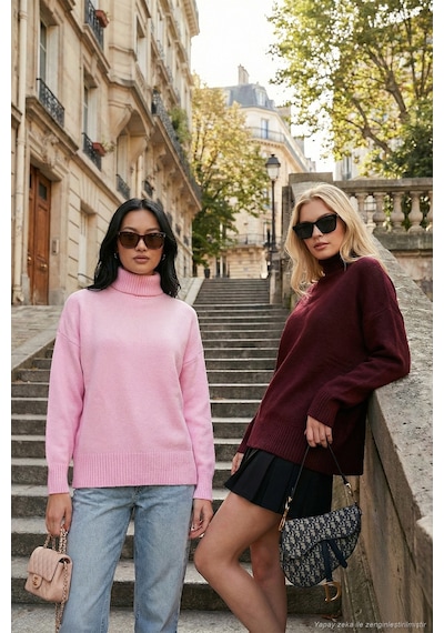 Lela Oversize Fit Balıkçı Yaka Yumuşak Dokulu 2'Li Paket Triko Bayan Kazak 680Kz00469S2 Bordo-Şeker Pembe