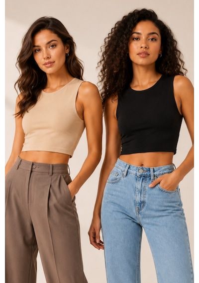 Loule Kadın 2'li Bisiklet Yaka Kolsuz Crop Top Siyah-bej %92 Pamuk Siyah - Bej
