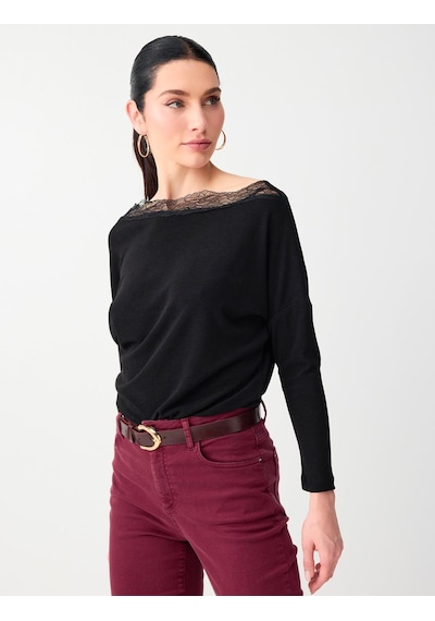 Jimmy Key Siyah Kayık Yaka Uzun Kollu Dantel Detaylı Örme Bluz 6sw035531900