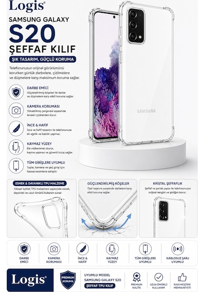Logis Samsung Galaxy S20 Uyumlu Şeffaf Silikon Kılıf Darbe Emici Kamera Korumalı İnce Esnek Tpu Telefon Kılıfı